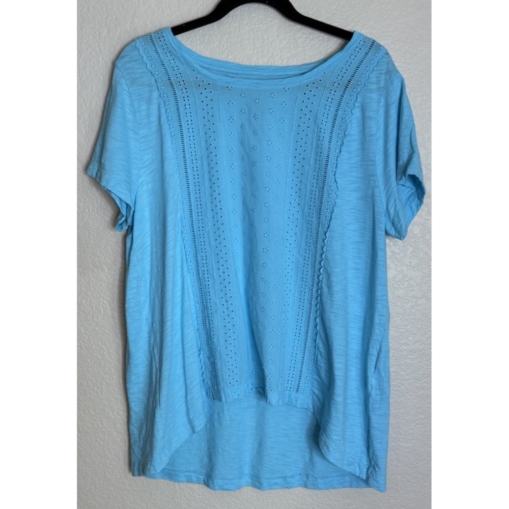 Chicos 3 US XL Womens Elsa Shirt Top Short Sleeve Scoop Neck Eyelet Aqua Beach